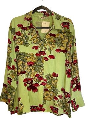 Tianello Lime Green Floral Button-Down Shirt with Red & Yellow Blooms